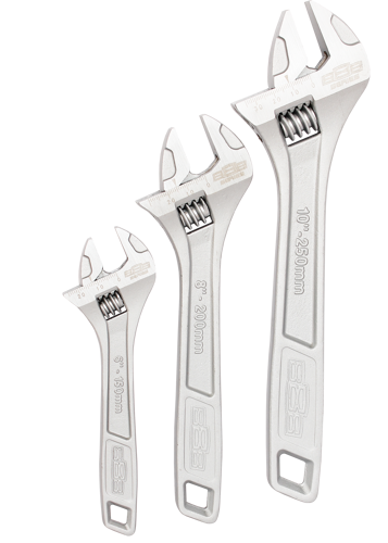 888 Tools Adjustable Wrench Set 150Mm 200Mm 250Mm T818000 • Chrome Vanadium Steel • Slimline For Tight Areas • Laser Etched Width Gauges • Precision Ground Jaws • Excellent Leverage • Easy Grip Comfort Handle For Maximum Torque Set Includes: • 150Mm (6”) • 200Mm (8”) • 250Mm (10”)