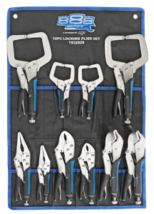 888 Tools Plier Locking 10Pc Set 888 T832929 888 Series • Non-Slip Jaws C-Clamps - Standard Jaws Provide Versatility For A Wider Range Of Applications • Curved Jaw - Maximises Pressure Points For Any Bolt, Nut Or Locking Tool Applications • Long Nose - Long Nose For Easy Access In Extended Reach Applications • Sheet Metal - Ideal For Upholstery Work. Bending, Forming And Crimping Sheet Metal. • Heavy Duty Hardened Jaws For Increased Gripping Power • Ergonomical Non-Slip Rubber Handles • Heavy Duty Knurled Adjuster Nut • Easy Quick-Release Lever • Includes Heavy Duty Canvas Pouch With Hanging Hooks