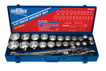888 Tools Socket Set 26Pc 12Pt 3/4 Drive - Metal Box T820400 27Pc 3/4"Dr Socketset •Metric 22 24 27 30 32 36 38 41 46 & 50Mm •Sae: 7/8 15/16 1 1-1/8 1-3/16 1-5/16 1-3/8 1-7/16 1-5/8 1-3/4 1-7/8 & 2”• Accessories: 20’’ Ratchet & 18” Sliding ”T” Bar 8 & 4” Extension Bars Jumbo Sockets Up To 50Mm & 2”