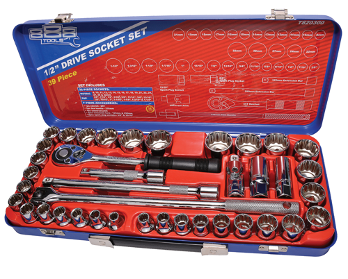 888 Tools Socket Set 888 1/2" Dr 12Pt Metric/Sae 39Pc T820300 39Pc 1/2"Dr Socket Set. • Metric: 8 10 11 12 13 14 15 16 17 18 19 21 22 24 27 30 & 32Mm • Sae: 3/8 7/16 1/2  9/16 5/8 11/16 3/4 13/16 7/8 15/16  1 1-1/16 1-1/8 1-3/16 & 1-1/4" Ratchet Flex Handle Universal Joint 125Mm & 250Mm Extension Bars & 5/8” & 13/16” Spark Plug Sockets