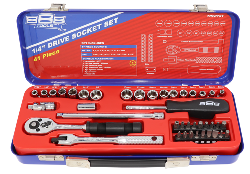 888 Tools Socket Set 888 1/4" Dr 6Pt Metric/Sae 41Pc T820101 41Pc 1/4" Drive Socket Set • Sockets Metric: 4-13Mm Sae: 7/32 - 1/2" Accessories: Ratchet Flex Handle Universal Joint150Mm Extension Bar Spinner Handle Coupler & 18Pc Bits