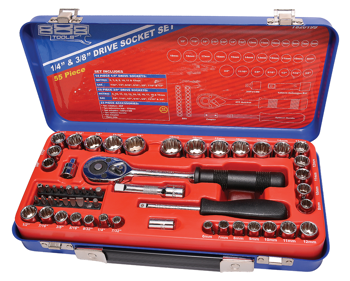 888 Tools Socket Set 888 1/4" & 3/8 Dr 12Pt Metric/Sae 55Pc T820199 55Pc1/4" & 3/8"Dr Socket Set• Metric: 1/4”Dr - 6 To 12Mm 3/8“Dr - 8 10 To 19Mm • Sae: 1/4”Dr - 7/32  To 1/2” 3/8“Dr - 3/8 To 3/4” • Accessories: Ratchet 125Mm Extension Bar Spinner Handle Coupler Adapters & 18Pc Bits