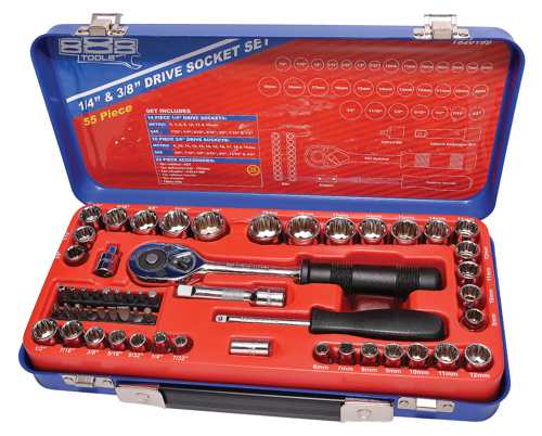 888 Tools Socket Set 888 1/4" & 3/8 Dr 12Pt Metric/Sae 55Pc T820199 55Pc1/4" & 3/8"Dr Socket Set• Metric: 1/4”Dr - 6 To 12Mm 3/8“Dr - 8 10 To 19Mm • Sae: 1/4”Dr - 7/32  To 1/2” 3/8“Dr - 3/8 To 3/4” • Accessories: Ratchet 125Mm Extension Bar Spinner Handle Coupler Adapters & 18Pc Bits
