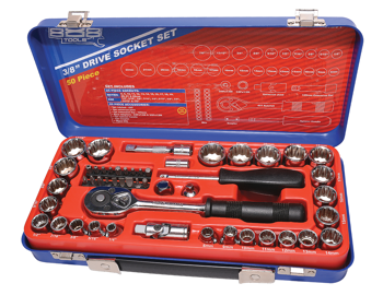 888 Tools Socket Set 888 3/8" Dr 12Pt Metric/Sae 50Pc T820201 Socket Set 3/8” Drive 50 Piece • Metric: 8, 9, 10, 11, 12, 13, 14, 15, 16, 17, 18, 19, 20, 21 & 22Mm • Sae: 1/4, 5/16, 3/8, 7/16, 1/2, 9/16, 5/8, 3/4, 13/16 & 7/8” • Accessories: Ratchet, Universal Joint, 125Mm, Extension Bar, Spinner Handle, Adapters, Coupler & 18Pc Bits