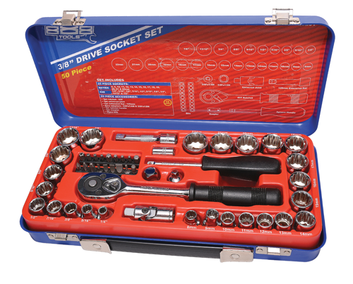 888 Tools Socket Set 888 3/8" Dr 12Pt Metric/Sae 50Pc T820201 Socket Set 3/8” Drive 50 Piece • Metric: 8, 9, 10, 11, 12, 13, 14, 15, 16, 17, 18, 19, 20, 21 & 22Mm • Sae: 1/4, 5/16, 3/8, 7/16, 1/2, 9/16, 5/8, 3/4, 13/16 & 7/8” • Accessories: Ratchet, Universal Joint, 125Mm, Extension Bar, Spinner Handle, Adapters, Coupler & 18Pc Bits