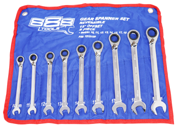 888 Tools Spanner Set Gear Roe Reversible Metric 9Pc T810109 Gear Spanner Set • 15° Offset • Reversible Open End • Metric: 10, 11,12, 13, 14, 15, 17, 18, & 19Mm