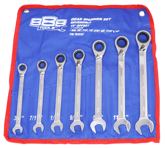 888 Tools Spanner Set Gear Roe Reversible Sae 7Pc T810157 Geared Spanner Set • 15° Offset • Reversible Open End • Sae: 3/8, 7/16, 1/2, 9/16, 5/8, 11/16 & 3/4’