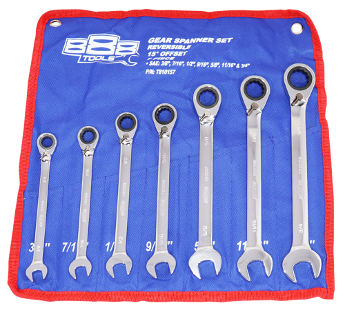 888 Tools Spanner Set Gear Roe Reversible Sae 7Pc T810157 Geared Spanner Set • 15° Offset • Reversible Open End • Sae: 3/8, 7/16, 1/2, 9/16, 5/8, 11/16 & 3/4’