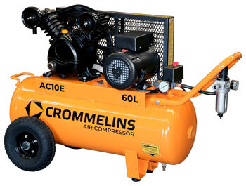 Crommelins AIR COMPRESSOR 270L/min 9.5cfm Pumps displacement, 200L/min 7.1cfm FAD, twin cast iron pump, 1.65kw 2.2hp 10amp motor, 60L tank, filter/regulator included. AC10E