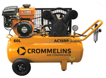 Crommelins AIR COMPRESSOR 430L/min 15.2cfm Pumps displacement, 350L/min 12.4cfm FAD, twin cast iron pump, 6HP Robin EX17 engine, auto idle down, motor, 60L tank, filter/regulator included. AC15RP