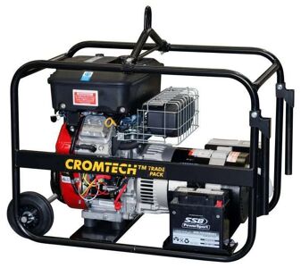 Crommelins CROMTECH PETROL GENERATOR WITH TRADEPACK 8000w max, Briggs & Stratton 16.0hp engine, mecce alte alternator, IP66 weatherproof outlets, RCD, wheels, handle, lifting hook (adds 180mm height), e/start, Australian assembled TG100BPET