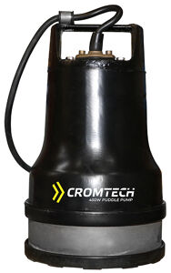 Crommelins CROMTECH SUBMERSIBLE PUMP 450w, 85L/min, Puddle Pump, 25mm adj. outlet, 10m total head, 0.2mm max. solids, vortex impeller, drains to 1mm water levels, 10m power cord CPP450