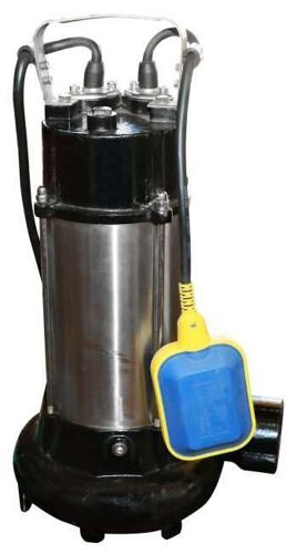 Crommelins CROMTECH SUBMERSIBLE PUMP 1100w, 233L/min, 50mm outlet, 7m total head, 25mm max. solids, chopper blade for sewage/effluent, float switch, 7m roped, 10m power cord. External chopper blade prior to impeller for use in sewage, effluent & stringy sludge V1100DF