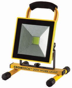 Crommelins CROMTECH WORK LIGHT 20w LED (COB) light, 600LM, rechargeable, up to 4hrs operation, 100° beam angle, light weight, carry handle, li-ion battery, mains & 12V charging. CWL20WR