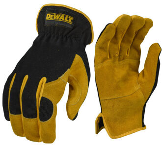 Dewalt Leather Performance Hybrid Gloves (Large) DPG216L Get The Protection And Durability Of A Leather Work Gloves, With The Fit And Dexterity Of A Performance Gloves. The Split Cowhide Leather Finger And Palm Overlays Provide Good Grip And Durability While Handling Materials And Tools. The Short Slip-On Cuff Makes For Easy On And Off. The Lightweight, Breathable Spandex Back Allows For A Cool, Comfortable Fit. The Reinforced Thumb Saddle Overlay Makes These Glovess Even More Durable.