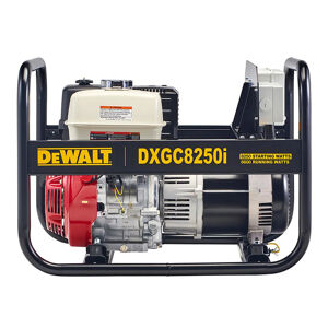 Dewalt Petrol Generator 8250W 8.2Kva Open Frame DXGC8250I Dewalt High-Performance Generators Offer Safe And Secure Work Site Compliance Power When And Where You Need It. The 8250 Watt Starting Power Provides Clean And Reliable Power For All Trade, Commercial And Agricultural Applications For Powering Building Sites, Farm Equipment, Refrigerators, Air Conditioners And Many More Uses. Fitted With Ip66 Weather Tough Outlet Protection Along With Circuit Breakers And Rcd'S Guarantees User Safety. A Strong 32Mm Welded Steel Frame Protects The Unit Ensures A Prolonged Working Life Of This Generator. This Recoil Start Genie Is Backed Up With A Honda Gx390 Engine Which Will Provide Many Years Of Service. Dewalt, World Renowned And Guaranteed Tough.

Open Frame Design For Easy Maintenance.
8250 Starting Watts Of Power And 6600 Running Watts For Powering For Most Tools And Appliances.
Multi General Power Outlets 1 X 10A / 1 X 15A For Application Convenience.
Safety Features Include Ip66 Outlets, Circuit Breakers And Rcd'S For Ultimate Personal Protection For Jobsite Compliance.
Sine Wave Rating: Thd <5%.
Avr Alternator For Powering Sensitive Devices
Honda Gx390 Engine For Lasting Reliability.
Guaranteed For 3 Years Offering Peace Of Mind Reliability.
Specifications
Engine: Honda Petrol
Starting: Recoil
Fuel Tank Capacity: 6.1L
Run Time: Approximately 2Hrs @ 50% Load
Avr Alternator
Starting Power: 8250W
Running Watts: 6600W
Power Factor: 1
2 X Ip66 Outlets
32Mm Diametre Heavy-Duty Steel Frame