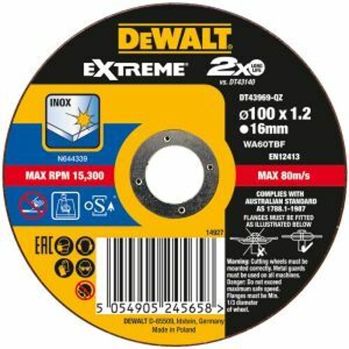 Dewalt Disc, Cutting, Bonded Thin Cut 100 X 1.2 X 16Mm, Extreme Inox DT43969-QZ
