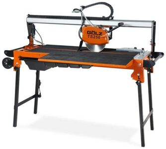 Golz GOLZ TILE SAW 10" (250mm), 1.3kw motor size, 980mm cutting capacity length, 65mm max thickness cut, cutting table 1140x480mm, 55w water pump, includes 10’’ premium ceramic blade (CW25005) TS250