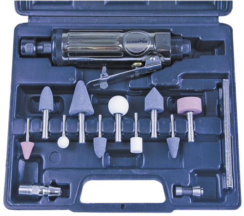 Scorpion Grinder Die Air Kit 1/4" SX-200K • 1/4” 22,000Rpm Die Grinder
• 5Pc 1/4” Shank Grinding S Tones • 1/8” Collet • 5Pc 1/8” Shank Grinding Stones • Air Fitting Housed In A Sturdy Blow Mold Case