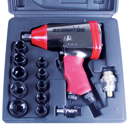 Scorpion Wrench Impact Kit Air 1/2"Scorpion SX-220K 1/2"Dr Impact Wrench Kit • 1/2”Dr 230Ft/Lbs Impact Wrench • 9 10 11 13 14  17 19 22 24 & 27Mm Impact Sockets • 5” Extension Bar • Mini Oiler • Hex Wrench - 4Mm • Air Fitting