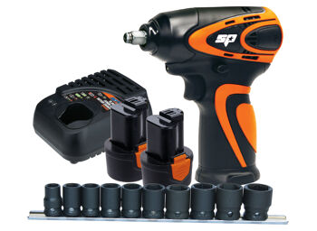 Sp Cordless Cordless 12V Mini Impact Wrench 3/8"Dr SP81114 • 12V 3/8”Dr Mini Impact Wrench Kit • Max Torque: 105Nm • Powerful Motor • Variable Speed Trigger With Brake • Ergonomic Soft Grip Handle Includes: • 10Pc 3/8”Dr Metric 6Pt Impact Socket Rail Set (10, 11, 12, 13, 14, 15, 16, 17, 18, & 19Mm) • 2X 2.0Ah Batteries • Charger