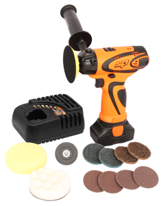 Sp Cordless Cordless 16Vsp Mini Sander/Polisher SP81356 • Two Speed Gear Box • Variablespeed Switch • Side Handle Included  Pad Sizes: • Polisher : 3” • Sander: 2” Includes: Sanding & Polishing Pads, Sponge Bonnets & Sanding Discs 1X Battery Charge 1X 16V Battery