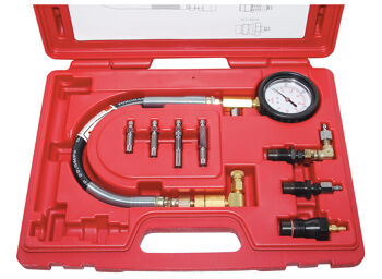 Sp Tools Automotive Diesel Compression Test Set SP66037 Automotive Diesel Compression Tester Set • A Basic Set For Diesel Work• Tester Has A Handy Deflator For Releasing Air & Retesting • A 16-1/2” Wire Reinforced Hydraulic Hose Has A Quick Coupler On A Swivel For Ease Of Connection • A 2-1/2” Gauge With Easy To Read Red & Black Dial With Snap-In Lens • Records Pressures From 0-1000Psi And 0-70 Bar