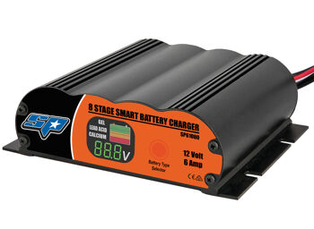 Sp Tools Charger Battery Pulse Sp 6 Amp 8 Stage SP61080 8 Stage 12V Smart Battery Charger • 6 Amp • Built-In Microchip Charging Control & Monitoring System. • Zero Volt Minimum Start – Can Charge A Completely Flat Battery. • Optimally Designed Charging Cycle Designed For Lead Acid/Agm, Gel And Calcium, Starting & Deep Cycle Batteries. • Automatic Adjustment Of Charging Voltages According To Environmental Temperature. • Reverse Polarity, Short Circuit, Overload & High Temperature Protection. • Overcharge Protection