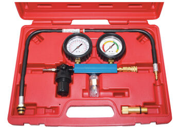 Sp Tools Cylinder Leak Detector And Crank Stopper SP66027 Cylinder Leak Detector & Crank Stopper • Pinpoints Low Compression Cause Ie Burnt Valves, Worn Rings, Etc • Crank Stopper Locks Engine In Place To Facilitate Installation Of Timing Belts & Removal Of Harmonic Balance Pulleys • Gauges Show % Of Cylinder Leakage & Cylinder Pressure • Suitable For Use On Any Petrol Engine With 14 Or 18Mm Spark Plugs