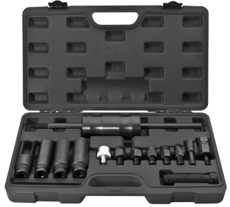 Sp Tools Diesel Injector Extractor Set 14Pc W/- Slide Hammer SP66082 Features: Suitable For Fast And Safe Removal, Inspection Or Replacement Of Bosch, Delphi, Denso And Siemens Diesel Injectors. Set Includes Heavy Duty Slide Hammer, 1/2”Dr Deep Open Profile Sockets, Used To Dismantle Injectors, Plus Adaptors For Attaching The Slide Hammer Securely To The Body Of The Injector. Window In Socket Allows The Wires Attached To The Sensors To Be Bypassed, Eliminating Wire Damage All Housed In A Heavy Duty Blow Mould Storage Case Kit Includes: Adaptor: M14 X 1.5 - Delphi Adaptor: M17 X 1 - Bosch Adaptor: M20 X 1 - Denso Adaptor: M24 X 1 - Siemens Adaptor: M27 X 1 - Siemens Adaptor: M27 X 1.0 For Bosch Injector Nozzle Adaptor: Puller W/M14 X 1.5P 4Pc 6 Point Injection Nozzle Sockets: 25, 27, 29M & 30Mm (100Mm Long)