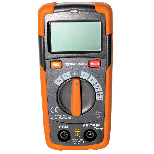 Sp Tools Digital Multimeter - Pocket Size With Temperature SP62015 Digital Multimeter With Temperature Probe • 2000 Counts Digital Display • Safety Design Cat 3 600V • Non-Contact Acv Detection • Data Hold • Auto Ranging, Auto Power Off • Type K Temperature Input • Diode Test • Continuity • Pocket Size