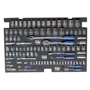 Sp Tools Eva Toolkit 103Pc Metric/Sae Socket & Accessories SP50005 • 1/4”Dr Sockets & Accessories • 12Pt - 4 To 13Mm • 12Pt - 3/16 To  1/2” • 45T Ratchet Flex Handle & Universal Joint • Extension Bars - 50 & 150Mm 3/8”Dr Sockets & Accessories • 12Pt - 6 To 22Mm • 12Pt - 1/4 To 7/8” • Spark Plug Sockets - 5/8 & 13/16” • 45T Ratchet Flex Handle & Universal Joint • Extension Bars - 75 & 150Mm • Adaptors - 3/8Fx1/4M & 3/8Fx1/2M 1/2”Dr Sockets & Accessories • 12Pt - 10 To 32Mm • 12Pt - 3/8 To 1-1/4” • 45T Ratchet Flex Handle & Universal Joint • Extension Bars - 75 & 125Mm • Spark Plug Sockets - 5/8 & 13/16” • Adaptor - 1/2Fx3/8M • Stored In High Density Eva Protective Foam