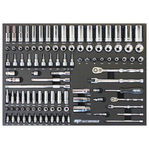 Sp Tools Eva Toolkit 106Pc Metric Socket & Accessories SP50009 • 1/4”Dr Sockets & Accessories • 6Pt - 4 To 14Mm • 6Pt Deep - 4 To 14Mm • Hex Bit Sockets - 3 To 6 • Torx Bit Sockets - 10 To 25 • Phillips Bits - #2 & #3 • Slotted Bits - 4 & 6 • 60T Ratchet • Flex Handle • Spinner Handle • Universal Joint • Extension Bars - 50 100 & 150Mm • Adaptor - 1/4Fx3/8M 3/8”Dr Sockets & Accessories • 12Pt - 8 To 24Mm • 12Pt Deep - 8 To 24Mm • Spark Plug Sockets - 16 & 21Mm • Magnetic Spark Plug Socket - 14Mm • E Torx - E6 To E18 • Hex Bits - 6 To 10 • Torque Bits - 27 To 50 • 60T Ratchet • Flex Handle • Universal Joint • Extension Bars - 75 150 & 250Mm • Adaptors - 3/8Fx1/4M & 3/8Fx1/2M • Fits Into The Drawers In The Tech Series Range • Stored In High Density Eva Protective Foam