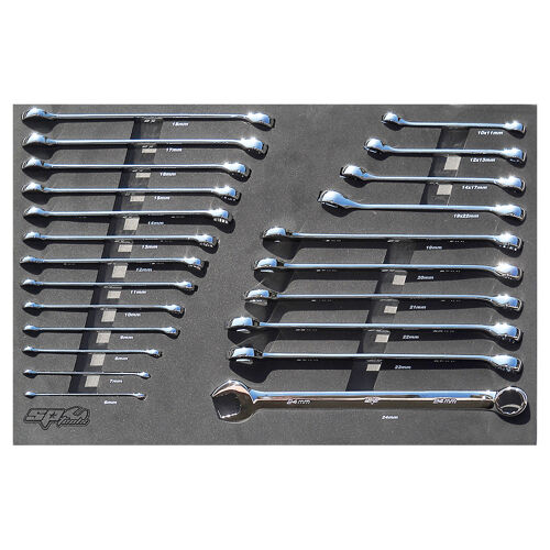 Sp Tools Eva Toolkit 23Pc Metric Roe + Flare Spanners SP50022 • Combination • 6, 7, 8, 9, 10, 11, 12, 13, 14, 15, 16, 17, 18, 19, 20, 21, 22, 23, & 24Mm Flare Nut • 10X11Mm 12X13Mm 14X17Mm & 19X22Mm • Stored In High Density Eva Protective Foam • Chrome Vanadium Steel For High Durability. • Tough Triple Chrome Finish To Protect Tool.