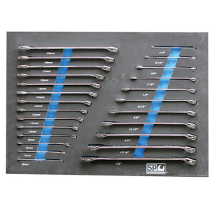 Sp Tools Eva Toolkit 25Pc Metric/Sae Roe Spanners SP50015 • Combination Spanners • 6, 7, 8, 9, 10, 11, 12, 13, 14, 15, 16, 17, 18 & 19Mm • 1/4, 5/16, 3/8, 7/16, 1/2, 9/16, 5/8, 11/16, 3/4, 13/16 & 7/8 • Stored In High Density Eva Protective Foam • Chrome Vanadium Steel For High Durability. • Dual Flat Drive Technology On Ring End. • Tough Triple Chrome Finish To Protect Tool.
