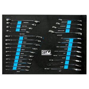 Sp Tools Eva Toolkit 26Pc Metric/Sae Flare&Geardrive Spanner SP50020 • 26Pc Metric/Sae Flare & Geardrive Spanner Set  •Flare: 10 To 22Mm & 3/8 To 7/8”• Geardrive: 10 To 19Mm & 5/16 To 3/4” • Eva Hi-Density Foam Tool Storage Offers Extra Protection For Your Sp Tools • To Suit Most Custom & Concept Sp Tool Boxes • Size 550Mm X 390Mm