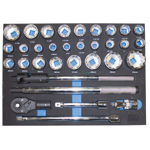 Sp Tools Eva Toolkit 32Pc 3/4" Metric Socket & Accessories SP50000 3/4”Dr 12Pt Sockets & Accessories • 19 To 55Mm • 3/4 To 1-7/8” • 24T Ratchet • Flex Handle - 450Mm • Extension Bars - 200 & 400Mm • Extendible Handle - 450 To 750Mm • Universal Joint • Storred In High Density Eva Protective Foam