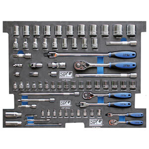 Sp Tools Eva Toolkit 70Pc Metric Socket & Accessories SP50001 • 1/4”Dr Sockets & Accessories • 12Pt - 4 To 13Mm • 45T Ratchet Flex Handle & Universal Joint• Extension Bars - 50 100 & 150Mm 3/8”Dr Sockets & Accessories • 12Pt - 6 To 22Mm • 45T Ratchet Flex Handle & Universal Joint • Extension Bars - 75 150 & 250Mm • Adaptors - 3/8Fx1/4M 3/8Fx1/2M • Spark Plug Sockets - 16 & 21Mm 1/2”Dr Sockets & Accessories • 12Pt - 10 To 32Mm • 45T Ratchet Flex Handle & Universal Joint • Extension Bars - 75 125 & 250Mm • Adaptor - 1/2Fx3/8M • Stored In High Density Eva Protective Foam