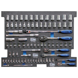 Sp Tools Eva Toolkit 81Pc Metric/Sae Socket & Accessories SP50003 • 1/4”Dr Sockets & Accessories • 12Pt - 4 To 13Mm • 12Pt - 3/16 To 1/2” • 45T Ratchet & Flex Handle • Wobble Extension Bars - 50 & 150Mm 3/8”Dr Sockets & Accessories • 12Pt - 8 To 19Mm • 12Pt - 5/16 To 3/4” • Spark Plug Sockets - 5/8 & 13/16” • 45T Ratchet & Flex Handle • Wobble Extension Bars - 75 & 150Mm • Adaptors - 3/8Fx1/4M & 3/8Fx1/2M 1/2”Dr Sockets & Accessories • 12Pt - 10 To 26Mm • 12Pt - 3/8 To 1” • 45T Ratchet & Flex Handle • Wobble Extension Bars - 125 & 250Mm • Adaptor - 1/2Fx3/8M • Stored In High Density Eva Protective Foam