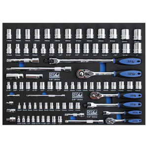 Sp Tools Eva Toolkit 85Pc Metric/Sae Socket & Accessories SP50004 • 1/4”Dr Sockets & Accessories • 12Pt - 4 To 14Mm • 12Pt - 3/16 To 1/2” • 45T Ratchet & Flex Handle • Wobble Extension Bars - 50 & 150Mm 3/8”Dr Sockets & Accessories • 12Pt - 8 To 19Mm • 12Pt - 5/16 To 3/4” • Spark Plug Sockets - 5/8 & 13/16” • 45T Ratchet & Flex Handle • Wobble Extension Bars - 75 & 150Mm • Adaptors - 3/8Fx1/4M & 3/8Fx1/2M 1/2”Dr Sockets & Accessories • 12Pt - 10 To 26Mm • 12Pt - 3/8 To 1” • 45T Ratchet & Flex Handle • Wobble Extension Bars - 125 & 250Mm • Adaptor - 1/2Fx3/8M • Stored In High Density Eva Protective Foam