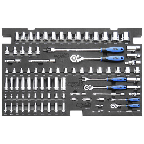 Sp Tools Eva Toolkit 88Pc Metric Socket & Accessories SP50010 • 1/4”Dr Sockets & Accessories • 6Pt - 4 To 13Mm • 6Pt Deep - 4 To 13Mm • 45T Ratchet • Flex Handle • Universal Joint • Extension Bars - 50 & 150Mm 3/8”Dr Sockets & Accessories • 12Pt - 6 To 22Mm • 12Pt Deep - 10 To 19Mm • 45T Ratchet • Flex Handle • Universal Joint • Extension Bars - 75 & 150Mm • Adaptors - 3/8Fx1/4M & 3/8Fx1/2M • Spark Plug Sockets - 16 & 21Mm 1/2”Dr Sockets & Accessories • 12Pt - 10 To 32Mm • 45T Ratchet • Flex Handle • Universal Joint • Extension Bars - 75 & 125Mm • Adaptor - 1/2Fx3/8M • Spark Plug Sockets - 16 & 21Mm • Stored In High Density Eva Protective Foam