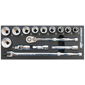 Sp Tools Eva Toolkit Tec 15Pc 1/2" Metric Sockets + Acc SP50011 • 1/2”Dr Sockets & Accessories • 19 To 36Mm • 60T Ratchet • Flex Handle • Universal Joint • Extension Bars - 75 & 125Mm • Fits Into The Mini Drawers In The Tech Series Range • Stored In High Density Eva Protective Foam