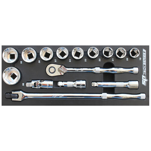 Sp Tools Eva Toolkit Tec 15Pc 1/2" Metric Sockets + Acc SP50011 • 1/2”Dr Sockets & Accessories • 19 To 36Mm • 60T Ratchet • Flex Handle • Universal Joint • Extension Bars - 75 & 125Mm • Fits Into The Mini Drawers In The Tech Series Range • Stored In High Density Eva Protective Foam