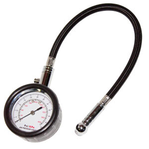 Sp Tools Gauge Sp Professional Tyre W Swivel Tip On Hose SP65505 Professional Tyre Gauge • Precision Made, Full Geared Brass Movement • 63Mm Dial, Bleeder Valve, “Shock Absorber” Cover For Protection • Pressure Range: 15 Psi And 100 Kpa With Swivel Angle Tip And 600Mm Hose. • Accuracy: +/- 1 Psi