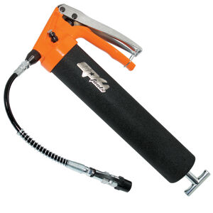 Sp Tools Grease Gun Sp Grip Type Heavy Duty SP65107 Variable Stroke Pistol Grip Grease Gun (450Cc) • 9 Inch Flexible Extension • Heavy Duty Cast Aluminum Body • Bleeder Valve For Purging Unwanted Air Use Standard 450Cc Grease Cartridge • Heavy Duty Super Grip Coupler, Coupler Includes Ball Check • Non-Slip Finish For Better Grip • Max Pressure: 8000Psi