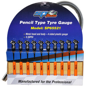 Sp Tools Guage Tyre - Pocket Pen Type (Display) SP65520 Pencil Type Tyre Gauge • Metal Head And Body – 4 Sided Plastic Bar • 5-50Psi