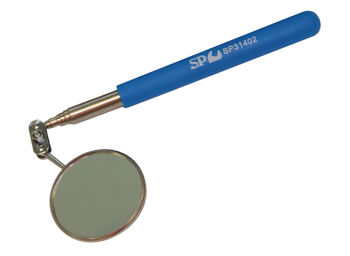 Sp Tools Inspection Mirror Telescoping 250Mm- 930Mm, 57 Dia SP31402 • Telescopic Round Inspection Mirrors • 57Mm Dia. Extends 250 - 930Mm • Strong & Lightweight Stainless Steel Shafts • Pvc Comfortable Cushion Handle • Swivel Head