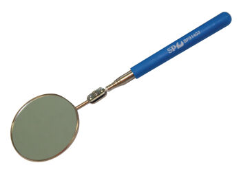Sp Tools Inspection Mirror Telescoping 280Mm- 800Mm, 82 Dia SP31403 • Telescopic Round Inspection Mirrors • 82Mm Dia. Extends 280 - 800Mm • Strong & Lightweight Stainless Steel Shafts • Pvc Comfortable Cushion Handle • Swivel Head