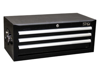 Sp Tools Intermediate Box 3 Drawer Custom (670Mmw) SP40110 3 Drawer Custom Tool Box • Size (670W X 315D X 265H) • Full Drawer Extension Capabilities • Internal Locking System For Extra Security • Heavy Duty 28 Ball Bearing Drawer Slides • Robust Wall Construction • Double Powder Coating Resists Scratching.