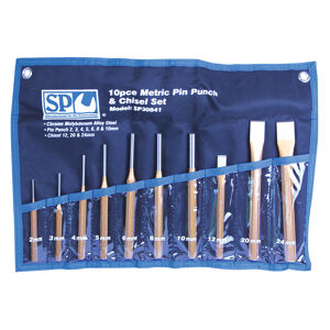 Sp Tools Pin Punch And Chisel Set -10Pcs SP30841 10Pc Pin Punch And Chisel Set • Chrome Molybdenum Alloy Steel • Heat Treated, Precision Ground • 2, 3, 4, 5, 6, 8 & 10Mm Pin Punches • 12, 20 & 24Mm Chisels